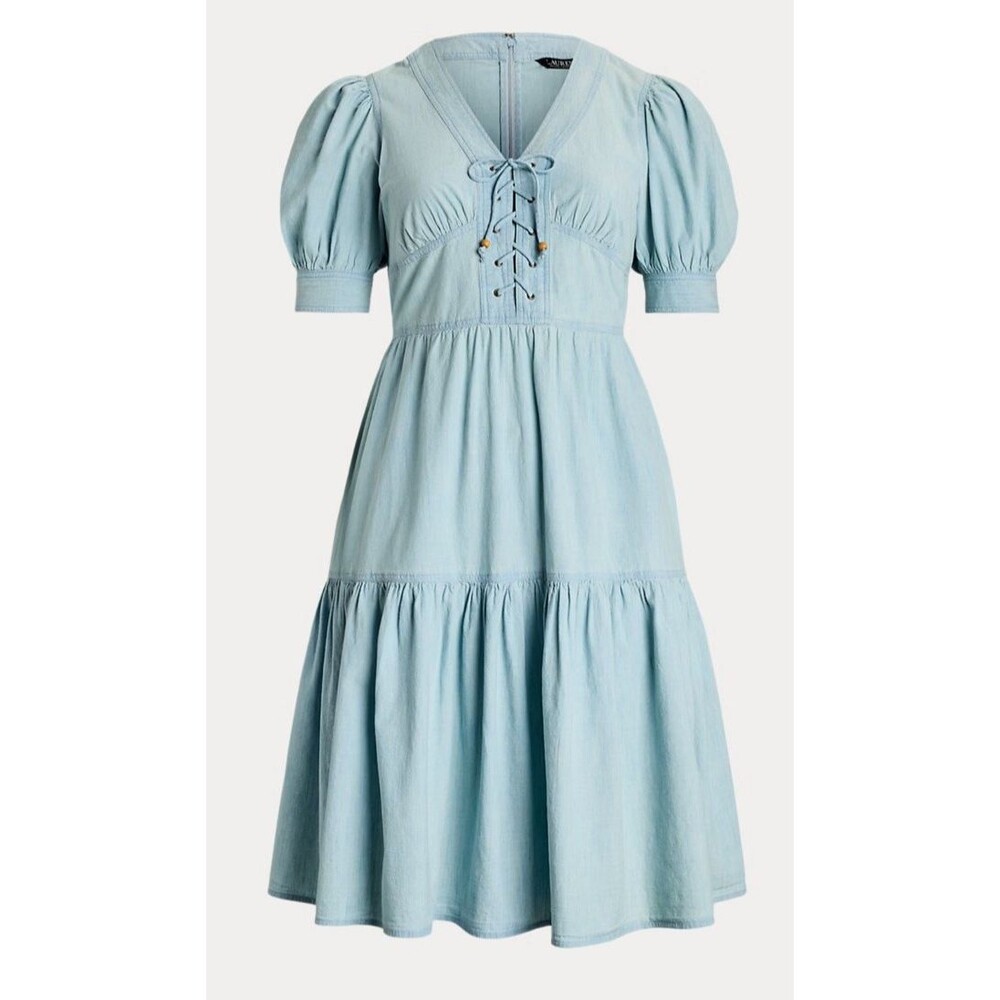 Lauren Ralph Lauren Blue Chambray Puff Sleeve Dress Sz 16W Milkmaid Cottage Boho